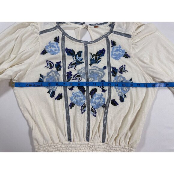 Free People Embroidered Boho Peasant Blouse Small Ivory Blue Floral Smocked Wais - Picture 10 of 14